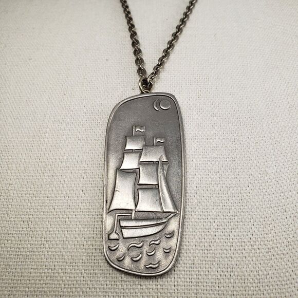 Vintage 1960'S Mid Century Jorgen Jensen Denmark Pewter #187 Nordic Ship Pendant - Picture 12 of 12